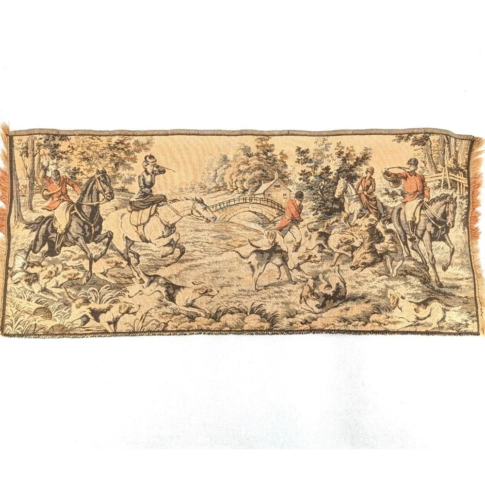 Belgian Vintage Fox Hunt Woven Tapestry Equestrian Wall Hanging 45x19